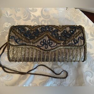 Kaiho vintage gold and blue beaded clutch. Made in Macao. Good condition.